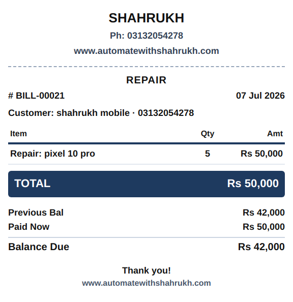 Repair bill sample