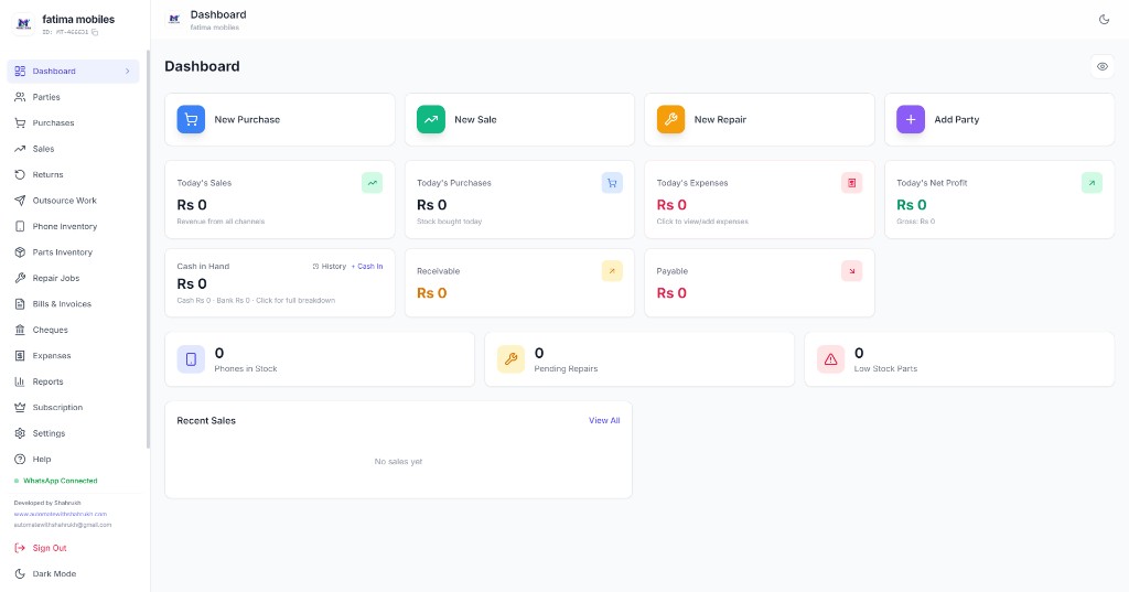 Mobitrak mobile shop software dashboard showing sales purchases repairs and stock